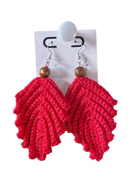 Red|Feather Earrings|Crochet|Handmade