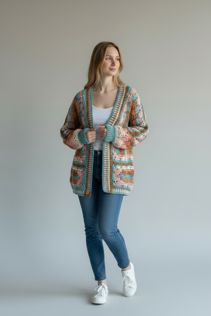 Coral Breeze Hexagon Cardigan | Handmade Cardigan