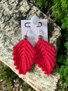 Red|Feather Earrings|Crochet|Handmade