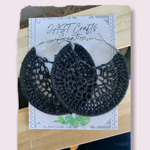 Crochet Hoop Earrings|Black